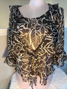 Sheer Tie-Front Floral Blouse in Brown and Cream